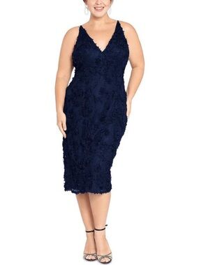 Xscape Navy Floral Lace V-Neck Midi Dress